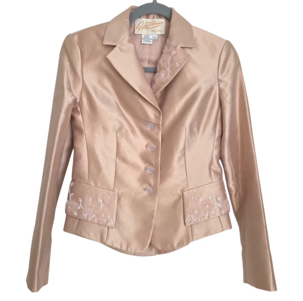 Rickie Freeman For TJ Nites Vintage Women Light  Pink Embroidered Blazer Sz XXS